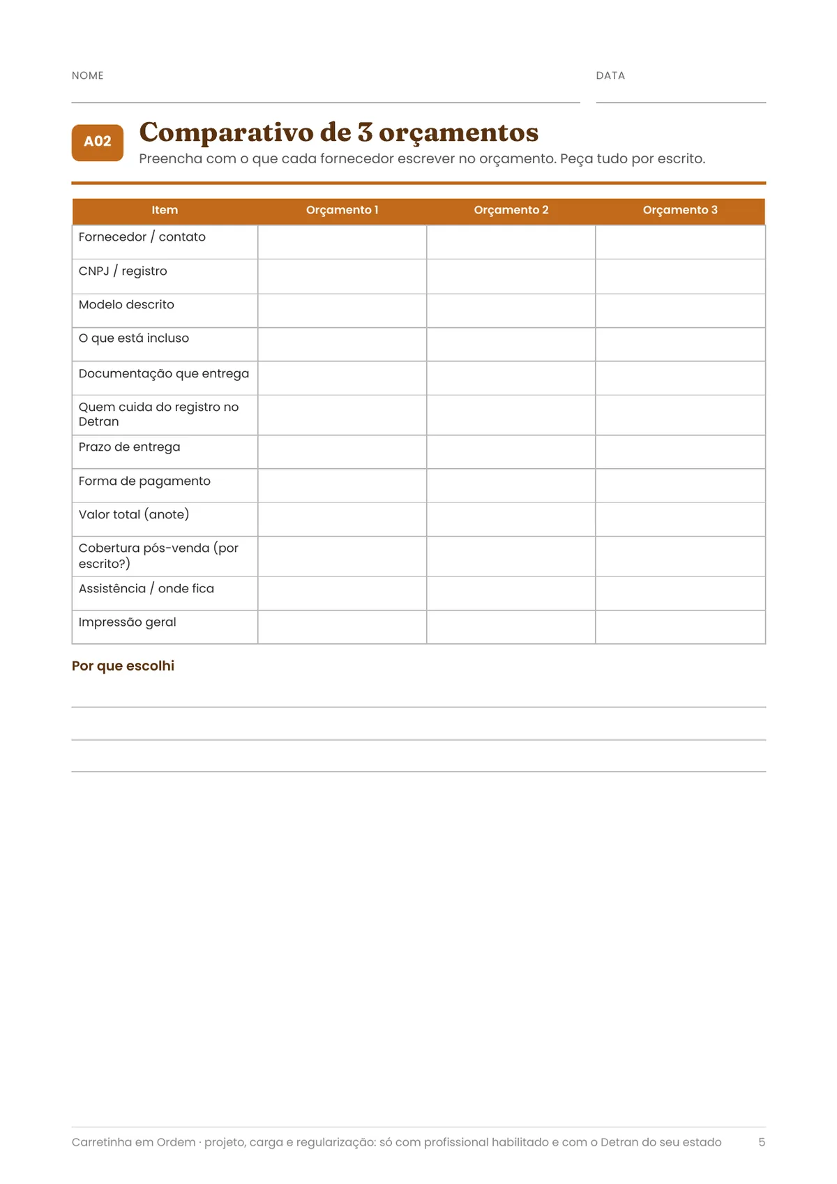 Página real do PDF Carretinha em Ordem: comparativo de 3 orçamentos